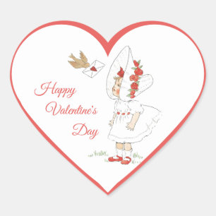 Sticker Cœur Saint-Valentin Vintage Rouge Cœur Fille et Oiseau