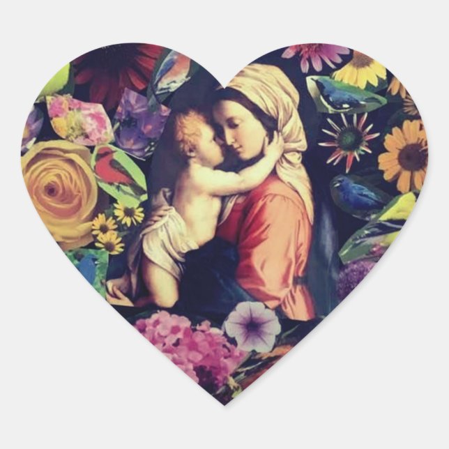 Sticker Cœur Sainte Vierge Marie Jésus Fleurs Roses Religieuses (Devant)