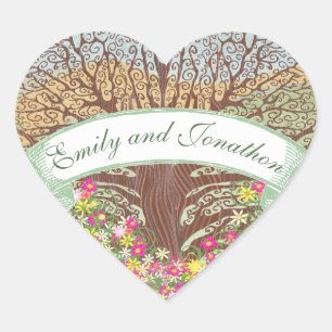 Sticker Cœur Sceau Mariage de chêne Brown rose et jaune