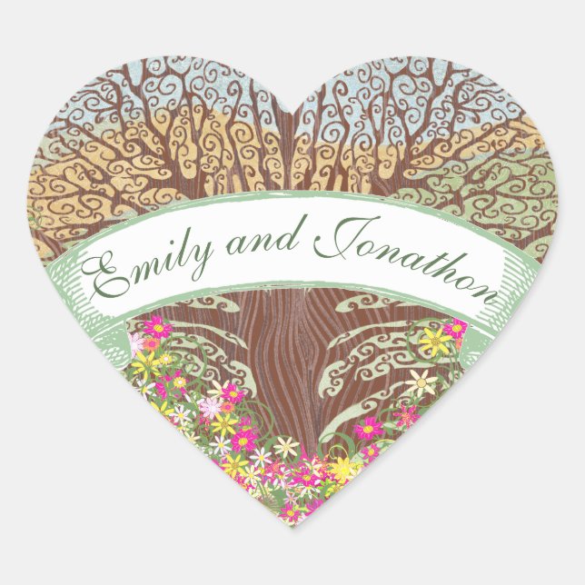Sticker Cœur Sceau Mariage de chêne Brown rose et jaune (Devant)