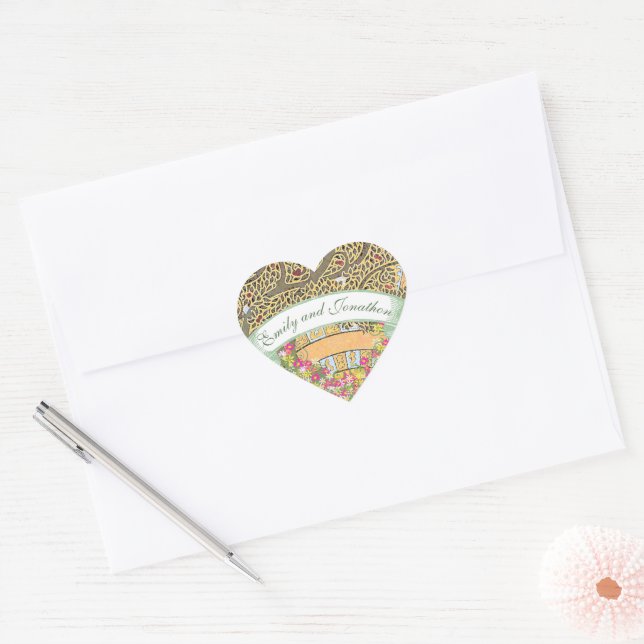 Sticker Cœur Sceau Mariage de chêne rose et jaune (Enveloppe)