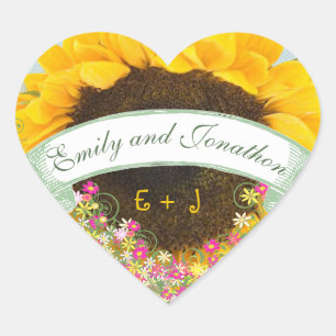 Sticker Cœur Sceau Mariage de tournesol rose et jaune
