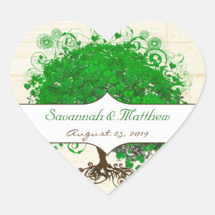 Sticker Cœur Sceau Mariage Emerald Hearald Leaf Tree Barn Wood