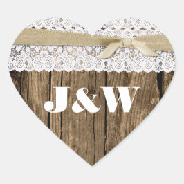 Sticker Cœur Sceau Mariage en bois rustique et dentelle