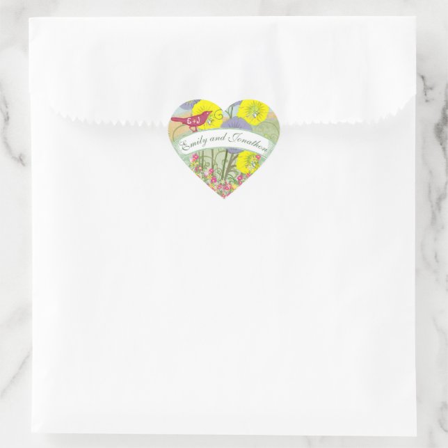 Sticker Cœur Sceau Mariage rose et vert de lavande et jaune (Sac)