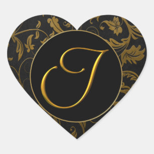 Sticker Cœur Sceau Monogram I Gold et Black Mariage damassé