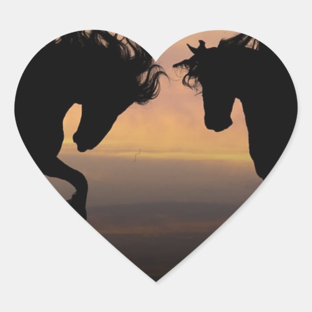 Sticker Cœur Silhouettes de cheval au coucher du soleil (Devant)