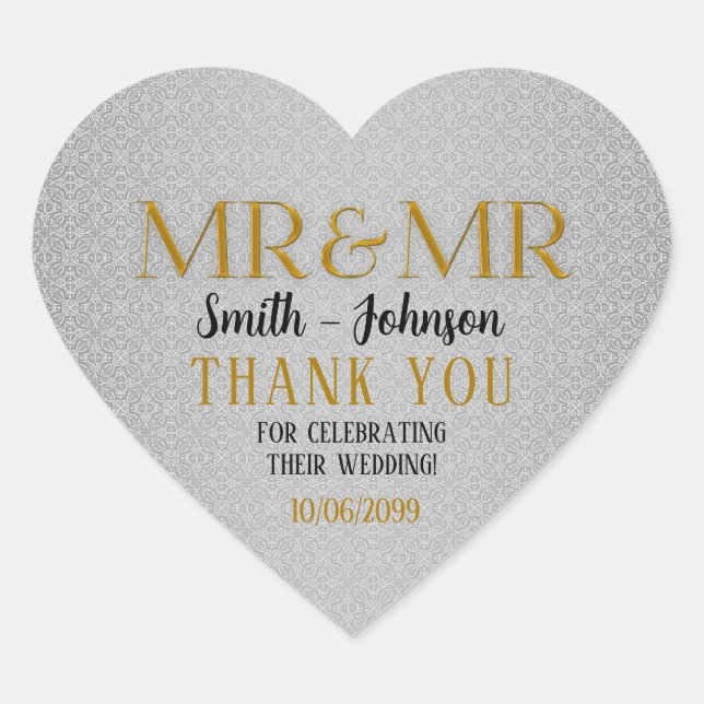 Sticker Cœur Silver Damask et Gold Mr & Mr Gay Mariage (Devant)
