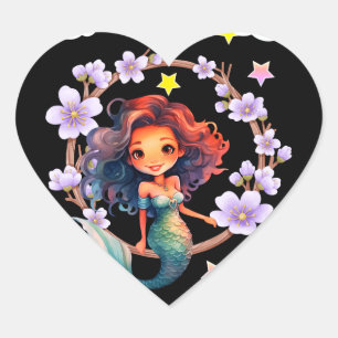 Sticker Cœur Sirène entourée de fleurs
