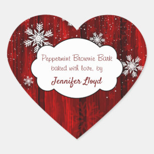 Sticker Cœur Snowflakes de Noël Red Rustic Wood