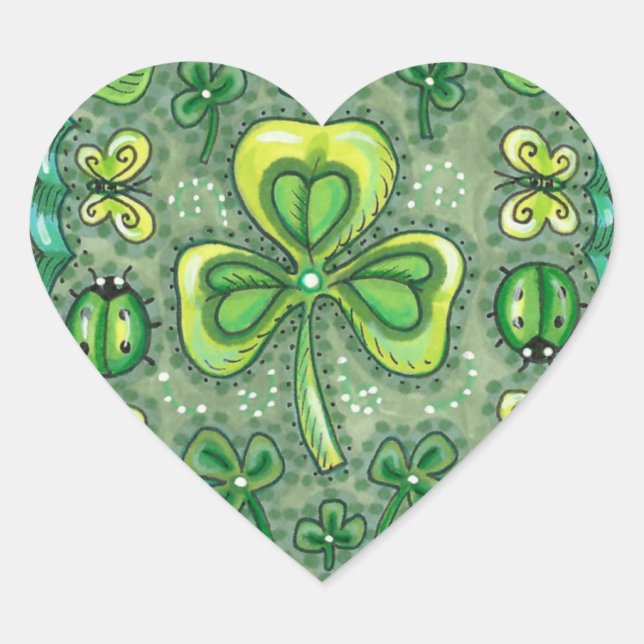 STICKER CŒUR ST. PATRICK'S DAY FOLK ART SHAMROCKS N'LADYBUGS (Devant)