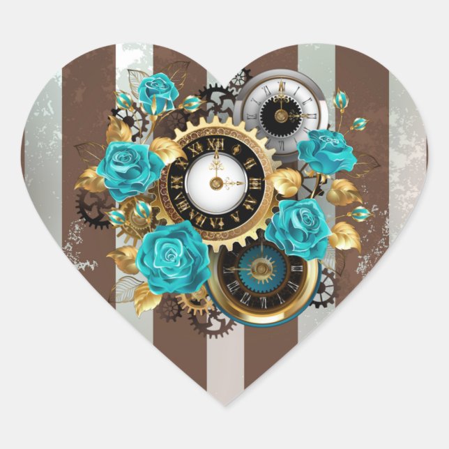 Sticker Cœur Steampunk Clock and Turquoise Roses on Striped (Devant)