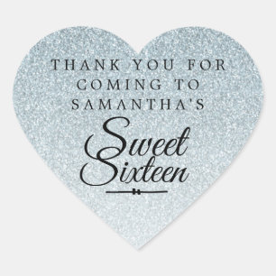 Sticker Cœur Sweet 16 Merci Parties scintillant argent Nom pers
