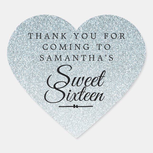 Sticker Cœur Sweet 16 Merci Parties scintillant argent Nom pers (Devant)