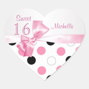 Sticker Cœur Sweet 16 noir, rose, blanc pois