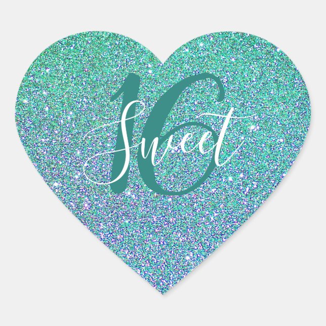 Sticker Cœur Sweet 16 Parties scintillant bleu turquoise Annive (Devant)