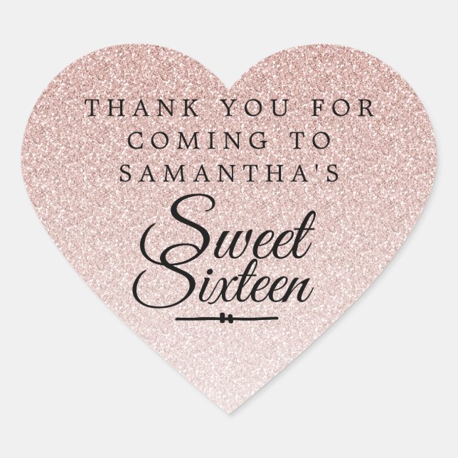 Sticker Cœur Sweet 16 Parties scintillant rose Ombre Merci Nom  (Devant)