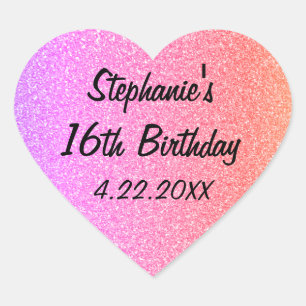 Sticker Cœur Sweet sixteen Glittery rose 16ème anniversaire