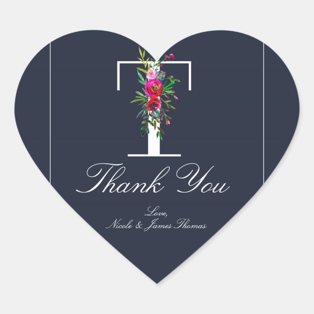 Sticker Cœur T Monogramme Dernier initial bleu Floral Mariage (Devant)