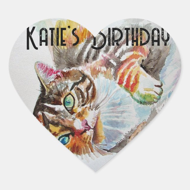 Sticker Cœur Tabby Cat Tabbies Feline Animal Aquarelle Annivers (Devant)