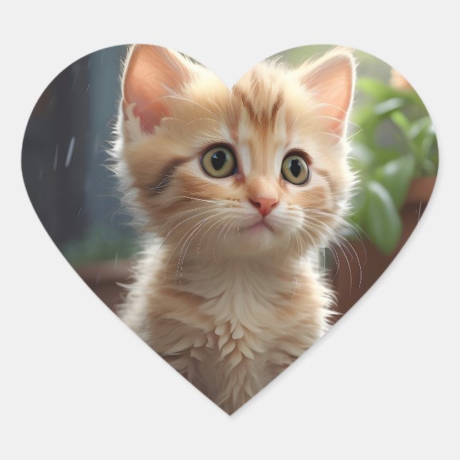 Sticker Cœur Tabby Chat Orange Assis Entre Fleurs (Devant)