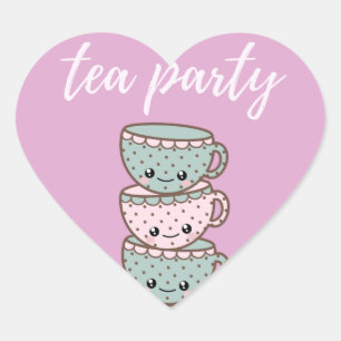 Sticker Cœur Tea Party Illustré Teacups rose