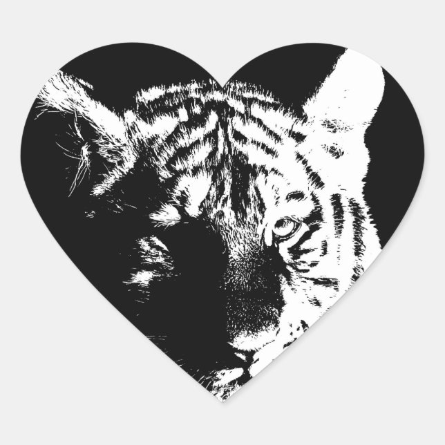 Sticker Cœur Tigre noir et blanc Pop Art (Devant)