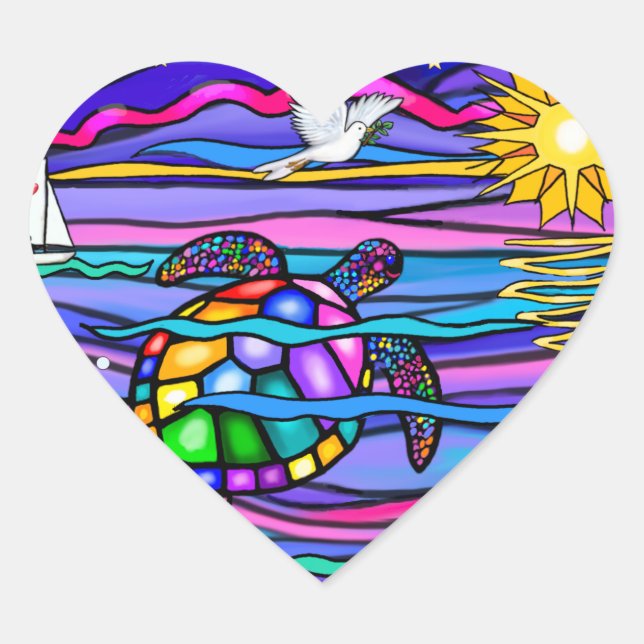 Sticker Cœur Tortue de mer (bleu/rose) (Devant)