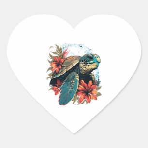 Sticker Cœur Tortue de mer hawaïenne Hibiscus Fleur