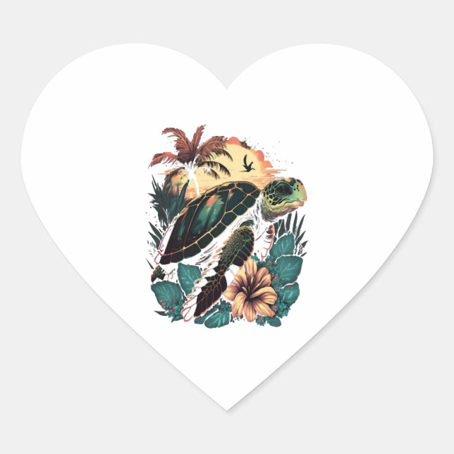 Sticker Cœur Tortue de mer hawaïenne Hibiscus Fleur (Devant)