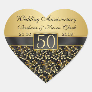 Sticker Cœur Tourbillons d'or, damas 50e anniversaire de Mariag