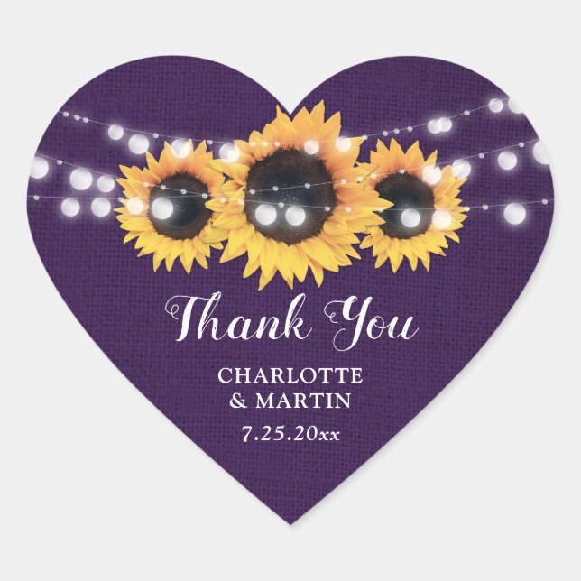 Sticker Cœur Tournesol violet Mariage campagnard rustique Merci (Devant)