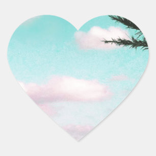 Sticker Cœur Tropical Beach, Ocean View, Pink Clouds, Palm