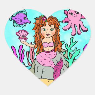 Sticker Cœur Tropical Under the Sea Red Haired Mermaid