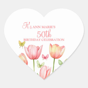 Sticker Cœur Tulipes Fleuris Aquarelle Pêche 