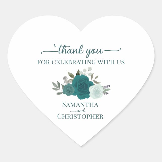 Sticker Cœur Turquoise & Aqua Roses Merci de mariage élégant (Devant)