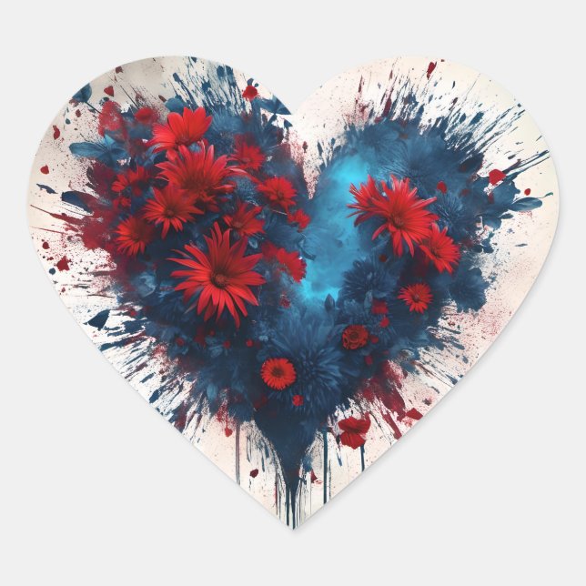 Sticker Cœur Un coeur bleu éclatant avec des fleurs rouges (Devant)