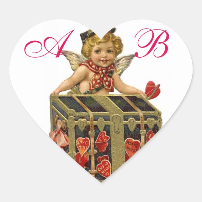 STICKER CŒUR VALENTINE CUPIDE ET CAFÉ PLEIN DE COEURS MONOGRAMM (Devant)