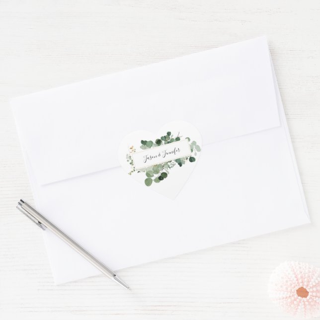 Sticker Cœur Vert Mariage moderne Couple Noms Élégant Amour (Enveloppe)