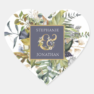 Sticker Cœur Vert & Tropical Greenery Bleu avec Ampersand Or
