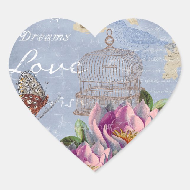 Sticker Cœur Victorian Love Thoughts Dreams Butterfly Bird Cage (Devant)