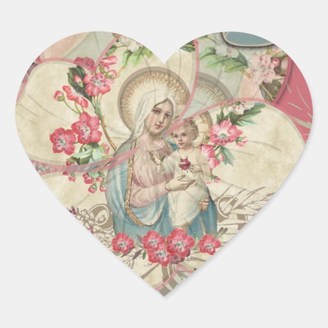 Sticker Cœur Vierge religieuse Marie Bébé Jésus Pétales floraux (Devant)