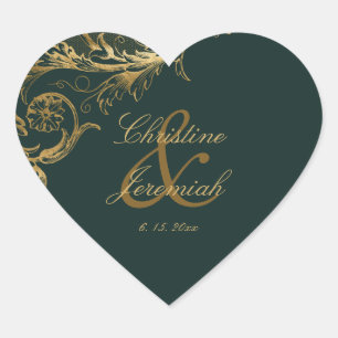 Sticker Cœur Vintage Vert or Floral Damask Script Mariage
