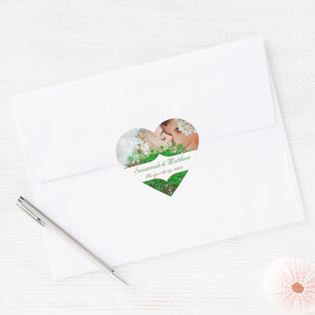 Sticker Cœur Votre photo Emerald Hearald Mariage Leaf Tree (Enveloppe)