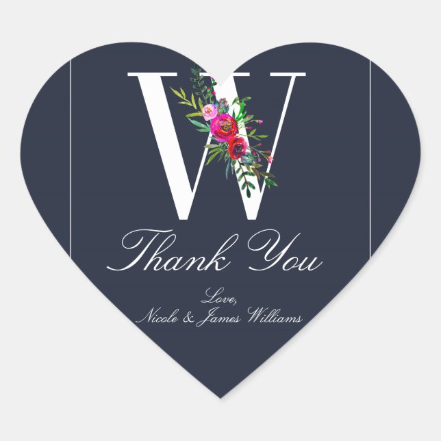 Sticker Cœur W Monogramme Dernier initial bleu Floral Mariage (Devant)