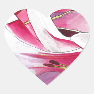 Sticker Cœur White and Pink Lily flower watercolor original
