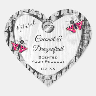 Sticker Cœur White Tree Bark Pink Butterfly Produit Logo Étique