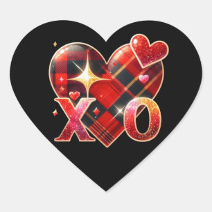 Sticker Cœur XO Heart Love Black Red Plaid