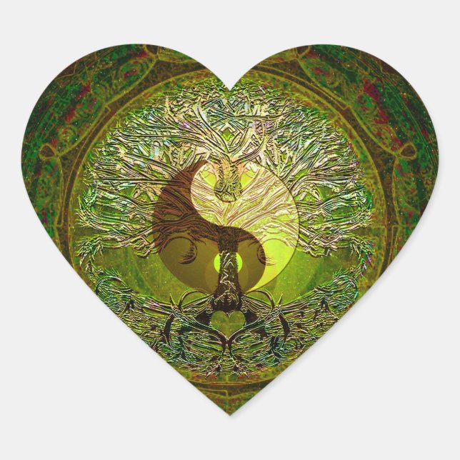 Sticker Cœur Yin Yang Mandala vert avec arbre de vie (Devant)