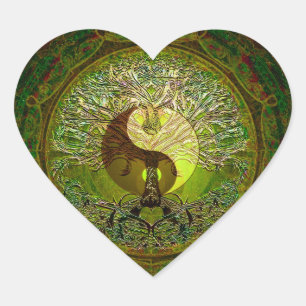 Sticker Cœur Yin Yang Mandala vert avec arbre de vie